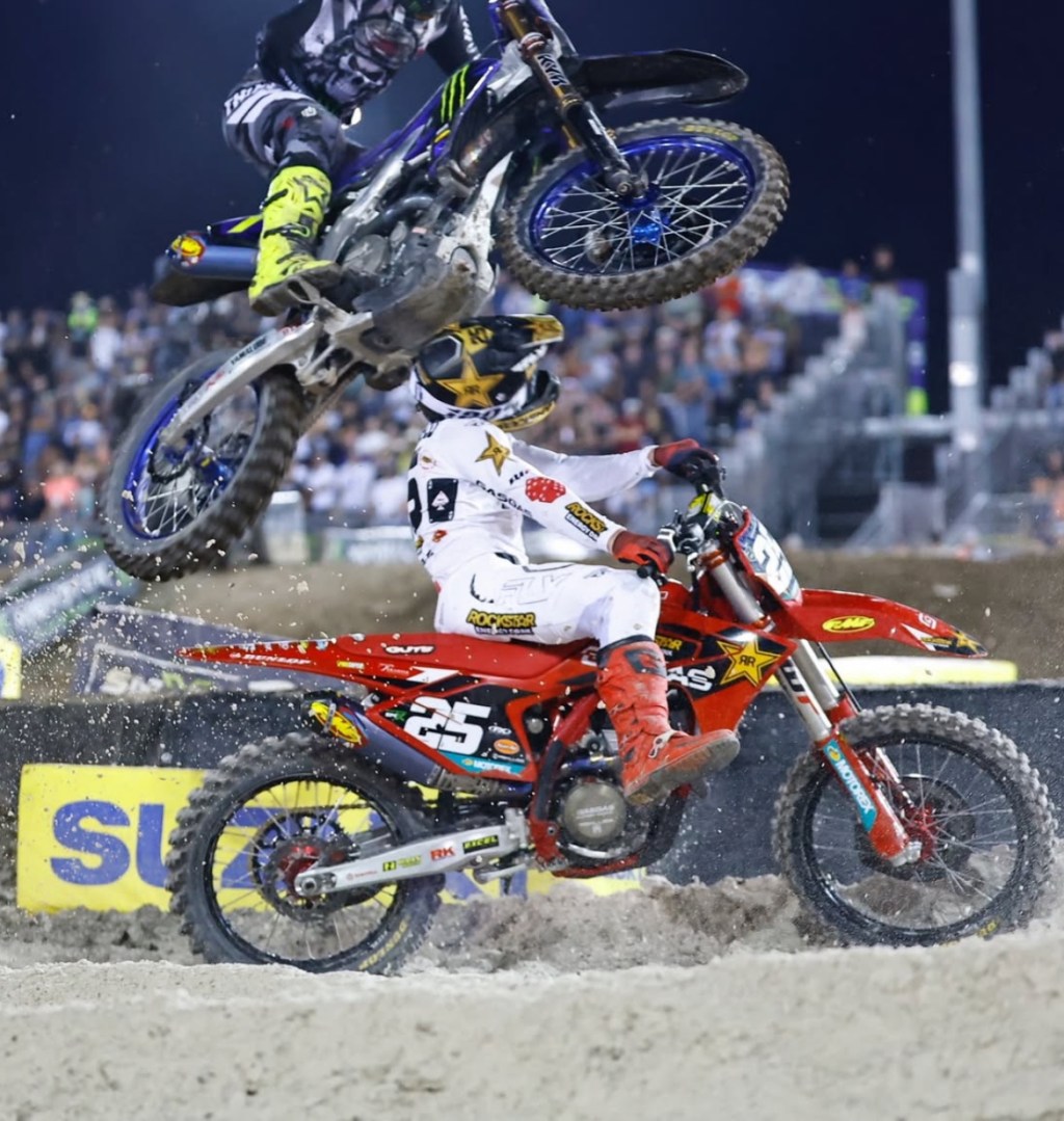 A photo of Haiden Deegan crashing with Ryder DiFrancesco